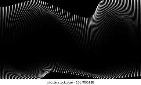 Fondo geométrico abstracto minimalista con olas blancas sobre fondo negro. Ilustración horizontal