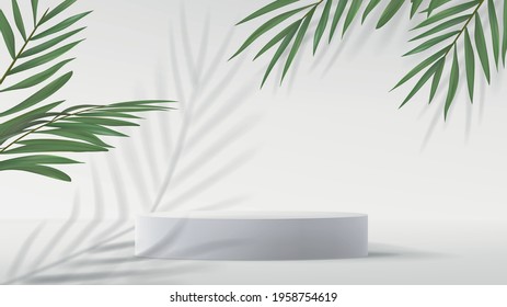 Abstract minimalistic gray background with palm leaf decorations. 3d scene for the demonstration of a cosmetic product. Realistic mock up with empty podium.