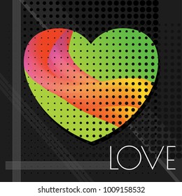 Abstract minimalistic greeting card with text Love. Bright heart with a gradient fill on black background with halftone. Flat vector cartoon illustration for Engagement, Wedding, Valentine Day.