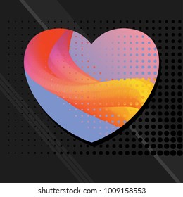 Abstract minimalistic greeting card with text Love. Bright heart with a gradient fill on black background with halftone. Flat vector cartoon illustration for Engagement, Wedding, Valentine Day.