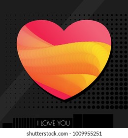 Abstract minimalistic greeting card with text Love. Bright heart with a gradient fill on black background with halftone. Flat vector cartoon illustration for Engagement, Wedding, Valentine Day.