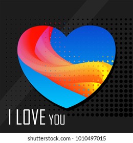 Abstract minimalistic greeting card with text Love. Bright heart with a gradient fill on black background with halftone. Flat vector cartoon illustration for Engagement, Wedding, Valentine Day.