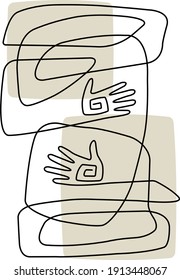 Abstract minimalistic hands. Continuous line. Black and white with pastel color. One line drawing.