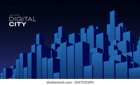 Abstract Minimalistic Illustration of City Buildings. 3D Cubes in Perspective. Smart Digital City Concept. Vector Background.