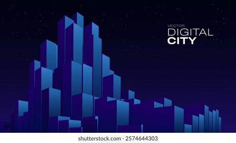 Abstract Minimalistic Illustration of City Buildings. 3D Cubes in Perspective. Smart Digital City Concept. Vector Background.