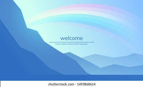 Abstract minimalistic landscape with rainbow. Blue polygonal mountains. Flat style. Tourist concept. Simple background. Wallpaper. Template for web pages