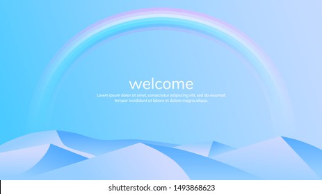 Abstract minimalistic landscape with rainbow. Blue polygonal mountains. Flat style. Tourist concept. Simple background. Wallpaper. Template for web pages