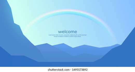 Abstract minimalistic landscape with rainbow. Blue polygonal mountains. Flat style. Tourist concept. Simple background. Wallpaper. Template for web pages