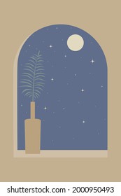 Abstract minimalistic landscape with a window, a palm tree, a vase, stars and the moon. Decor for your home in the Greek style, boho.