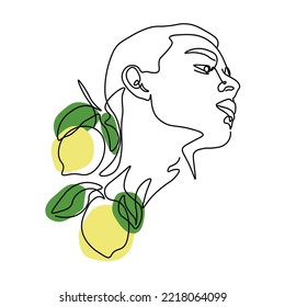 Abstract minimalistic linear sketch. Male face with lemons  one line art . Vector illustration hand draw. One line drawing face with yellow lemons.  Abstract man portrait minimalist style
