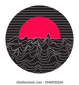 Abstract minimalistic outlined mountains landscape with red sunset. Vector illustration
