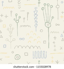 Abstract minimalistic pattern with hand draw symbols. Triangles, spots, dashes, lines. Trendy graphic design. Textile, blog decoration, banner, poster, wrapping paper.
