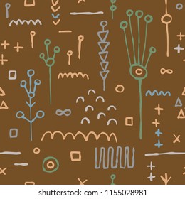 Abstract minimalistic pattern with hand draw symbols. Triangles, spots, dashes, lines. Trendy graphic design. Textile, blog decoration, banner, poster, wrapping paper.