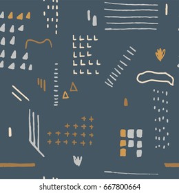 Abstract minimalistic pattern with hand draw symbols. Triangles, spots, dashes, lines.  Trendy graphic design. Textile, blog decoration, banner, poster, wrapping paper.