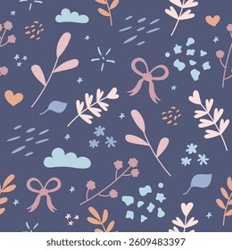 Abstract minimalistic pattern in pastel colors, spring pattern with cute flowers and leaves, Vector illustration in flat style.