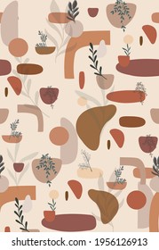 	
Abstract minimalistic pattern seamless. botanical hand draw minimal shapes, doodles, tropical leaves and flower background. Vector illustration for modern design, poster in minimal flat style