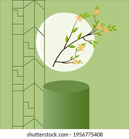 Abstract minimalistic podium with geometric shapes. cylindrical podium on green background and green plant leaves
