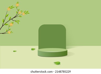Abstract minimalistic podium with geometric shapes. cylindrical podium on green background and green plant leaves