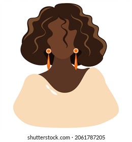 Abstract minimalistic portrait of African American or Latino girl. A dark-skinned beautiful confident woman with brightly colored earrings. Ideal for interior design, page decoration, web, etc.