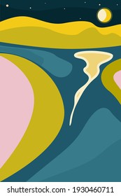 Abstract minimalistic poster, background. Night, moon, stars, mountains, forest, river, reflection in the water. Vector illustration for printing on paper, fabric.