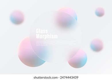 Abstract minimalistic presentation background in glass morphism style. Landing page template round banner with spheres.