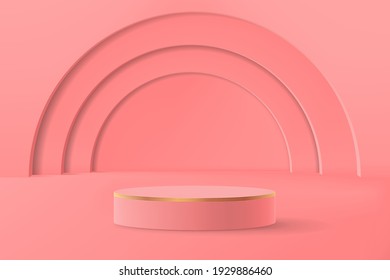 Abstract minimalistic scene with geometric shapes. Empty cylindrical podium for product showcase in pink tones with arches in the background.