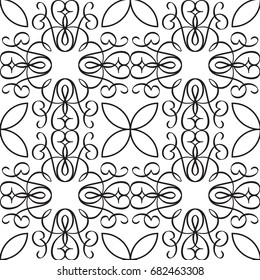 Abstract minimalistic seamless pattern with ornate and geometric shapes of repeating structure in monochrome style vector illustration