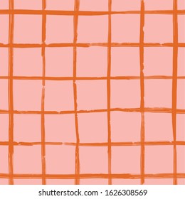 Abstract minimalistic seamless pattern with pink and orange plaid ornament.