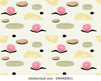 abstract minimalistic seamless pattern. Yoga buddhism zen theme minimal shapes, stones, pink lotus flower. Vector illustration for modern design, cards, covers in minimalist flat style
