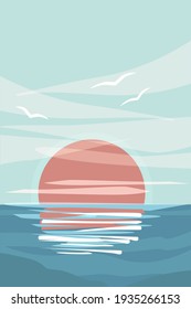 Abstract minimalistic seascape. Sunset in the tropics. Birds on the background of the sky, the sun. Art poster, banner, print. Vector graphics.