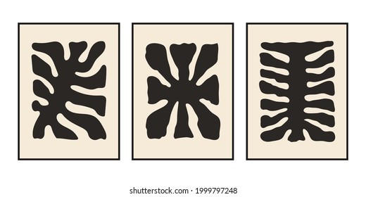 Abstract minimalistic set posters with black organic shapes on pastel background. Modern contemporary vector design