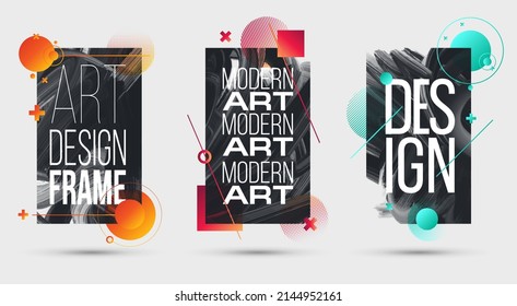 Abstract minimalistic stylish geometry and brush strokes hipster colored frame design  Vector line gradient halftone  frame for text Modern Art graphics  vector illustration