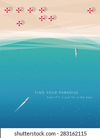 abstract minimalistic summer beach vacation holidays poster or wallpaper in trendy flat minimalistic style. Top view perspective of the blue ocean and white sand beach shore with parasols and yachts