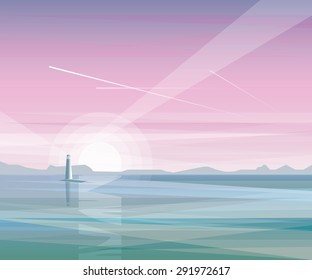 abstract minimalistic summer landscape ocean view with lighthouse on purple sunset