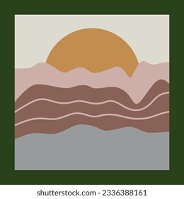 Resumen de la composición minimalista del atardecer con montañas y sol de formas y colores simples