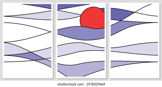 abstract minimalistic sunset seascape - wall art vector set,  for wall art, poster, wallpaper, print
