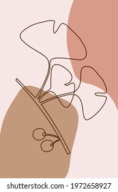 Abstract minimalistic trend poster with  contour ginkgo biloba leaves. Stylish simple banner with tropical plant herbal print. Vector graphics.