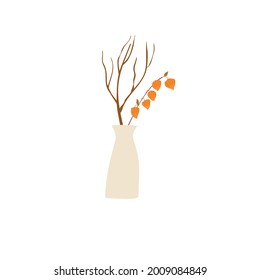 Abstract minimalistic vase with fezalis branches. Icon. For decoration of postcards, prints, design. Vector.