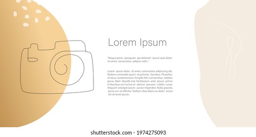 Abstract minimalistic Vector Camera, concept of video and photo shooting banner. line art drawing with shape in gold color. Template with copy space for invitation, cards, banner and poster, Landing
