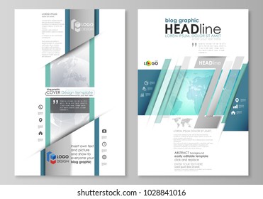 The abstract minimalistic vector illustration of the editable layout of two modern blog graphic pages mockup design templates. Chemistry pattern. Molecule structure. Medical, science background.