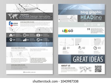 The abstract minimalistic vector illustration of the editable layout of two modern blog graphic pages mockup design templates. World globe on blue. Global network connections, lines and dots.