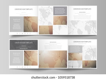 The abstract minimalistic vector illustration of the editable layout. Two creative covers design templates for square brochure. Global network connections, technology background with world map.