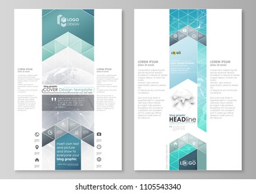 The abstract minimalistic vector illustration of the editable layout of two modern blog graphic pages mockup design templates. Chemistry pattern. Molecule structure. Medical, science background.