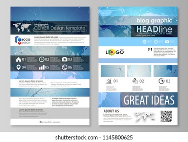 The abstract minimalistic vector illustration of the editable layout of two modern blog graphic pages mockup design templates. World map on blue, geometric technology design, polygonal texture.