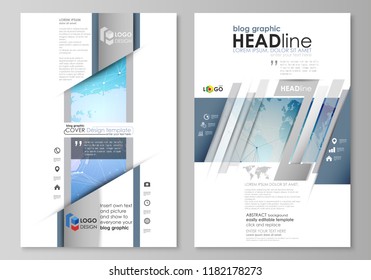 The abstract minimalistic vector illustration of the editable layout of two modern blog graphic pages mockup design templates. World map on blue, geometric technology design, polygonal texture.
