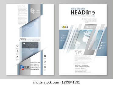 The abstract minimalistic vector illustration of the editable layout of two modern blog graphic pages mockup design templates. Scientific medical DNA research. Science or medical concept.