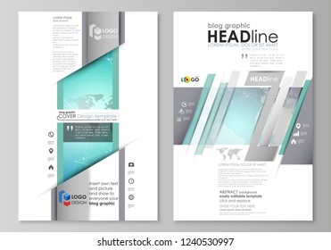 The abstract minimalistic vector illustration of the editable layout of two modern blog graphic pages mockup design templates. Molecule structure, connecting lines and dots. Technology concept.