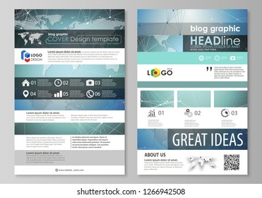 The abstract minimalistic vector illustration of the editable layout of two modern blog graphic pages mockup design templates. Chemistry pattern, connecting lines and dots. Medical concept.