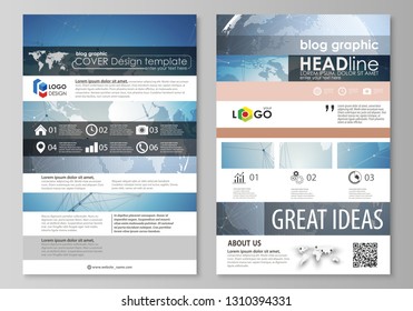 The abstract minimalistic vector illustration of the editable layout of two modern blog graphic pages mockup design templates. Scientific medical DNA research. Science or medical concept.