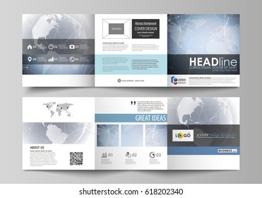 The abstract minimalistic vector illustration of the editable layout. Two creative covers design templates for square brochure. Abstract futuristic network shapes. High tech background